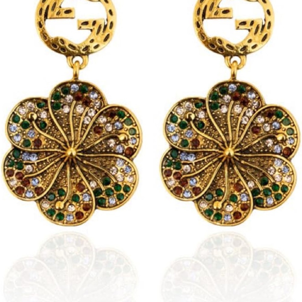 Gold-Tone Floral Drop Earrings with Green, Red & Clear Crystals